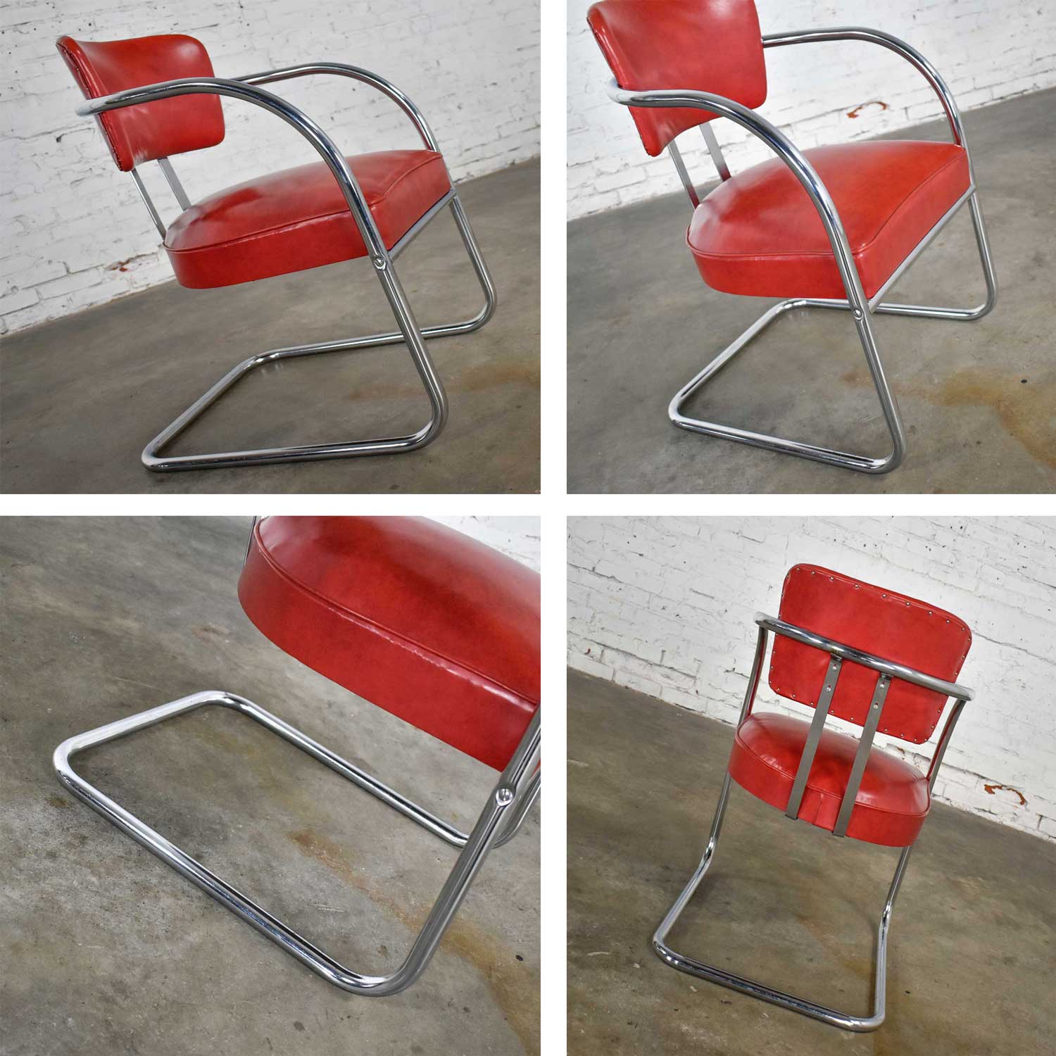 Art Deco Streamline Modern Bauhaus Cantilever Chair Chrome & Red Vinyl Attributed to Kem Weber for Lloyd’s Manufacturing