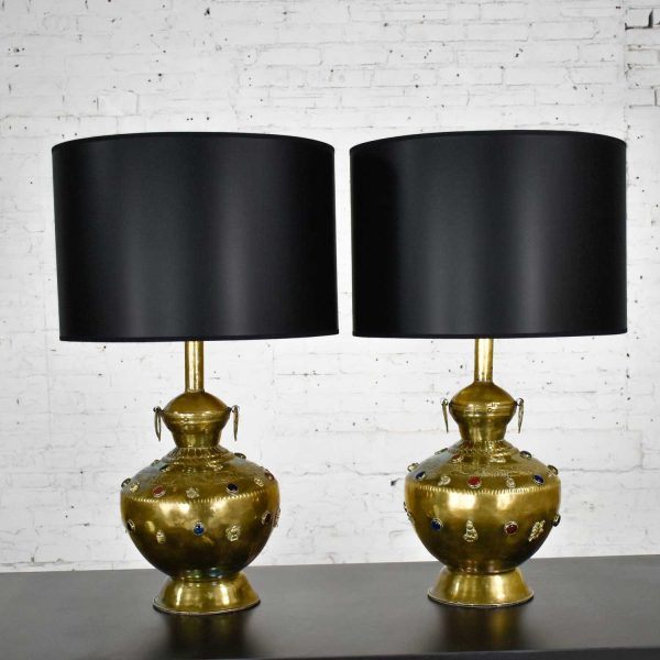 Pair of Tibetan Hand Hammered Brass Lamps with Glass Jewels