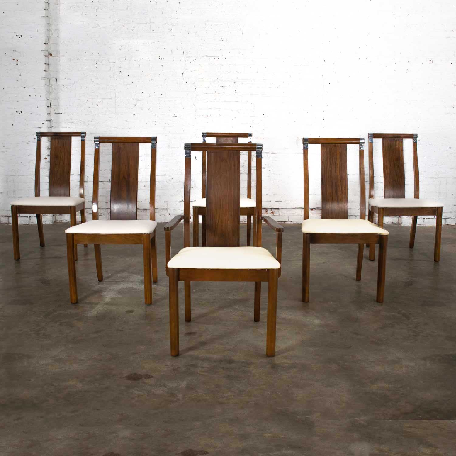 Mid-Century Modern Walnut Dining Chairs Set of 6 with Chrome Accents