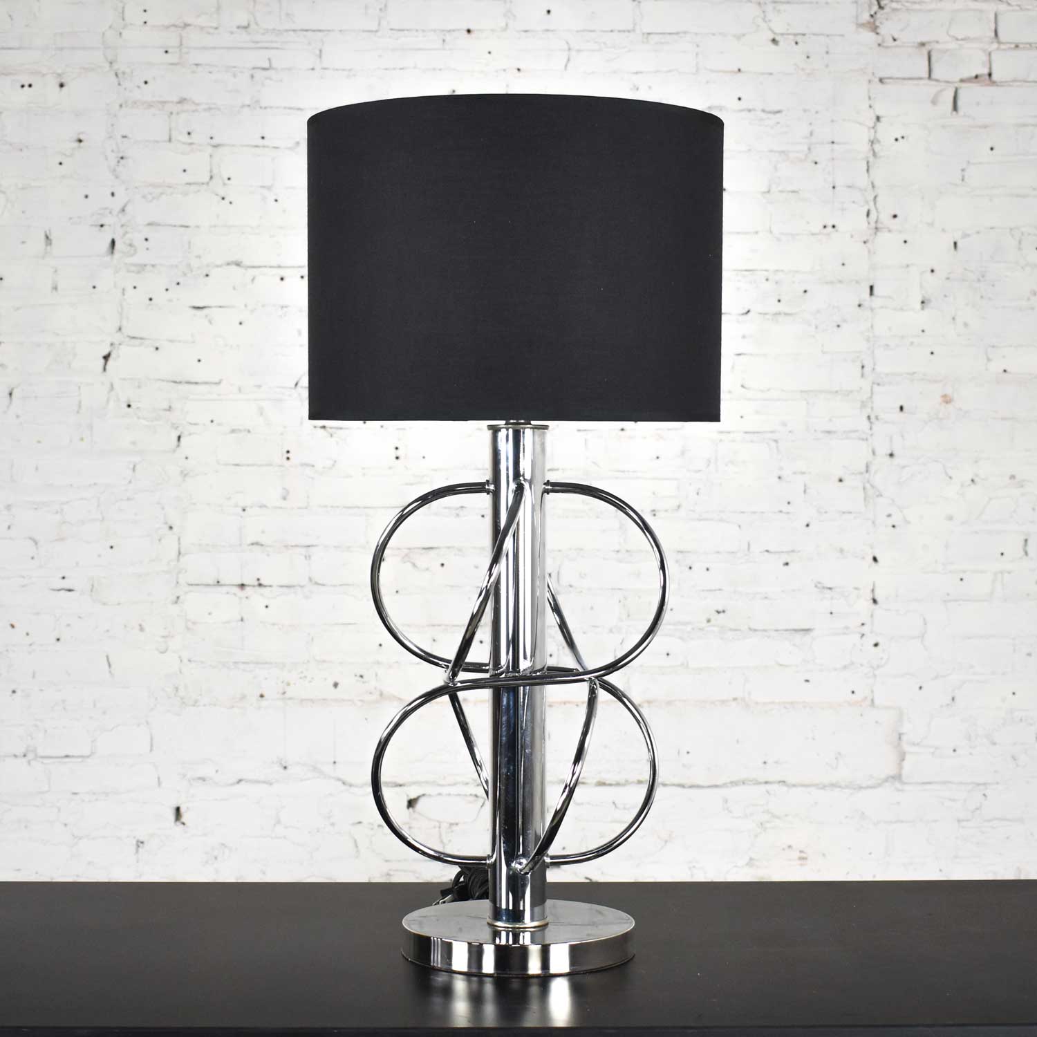 Vintage Mid-Century Modern Polished Chrome Table Lamp New Black Drum Shade