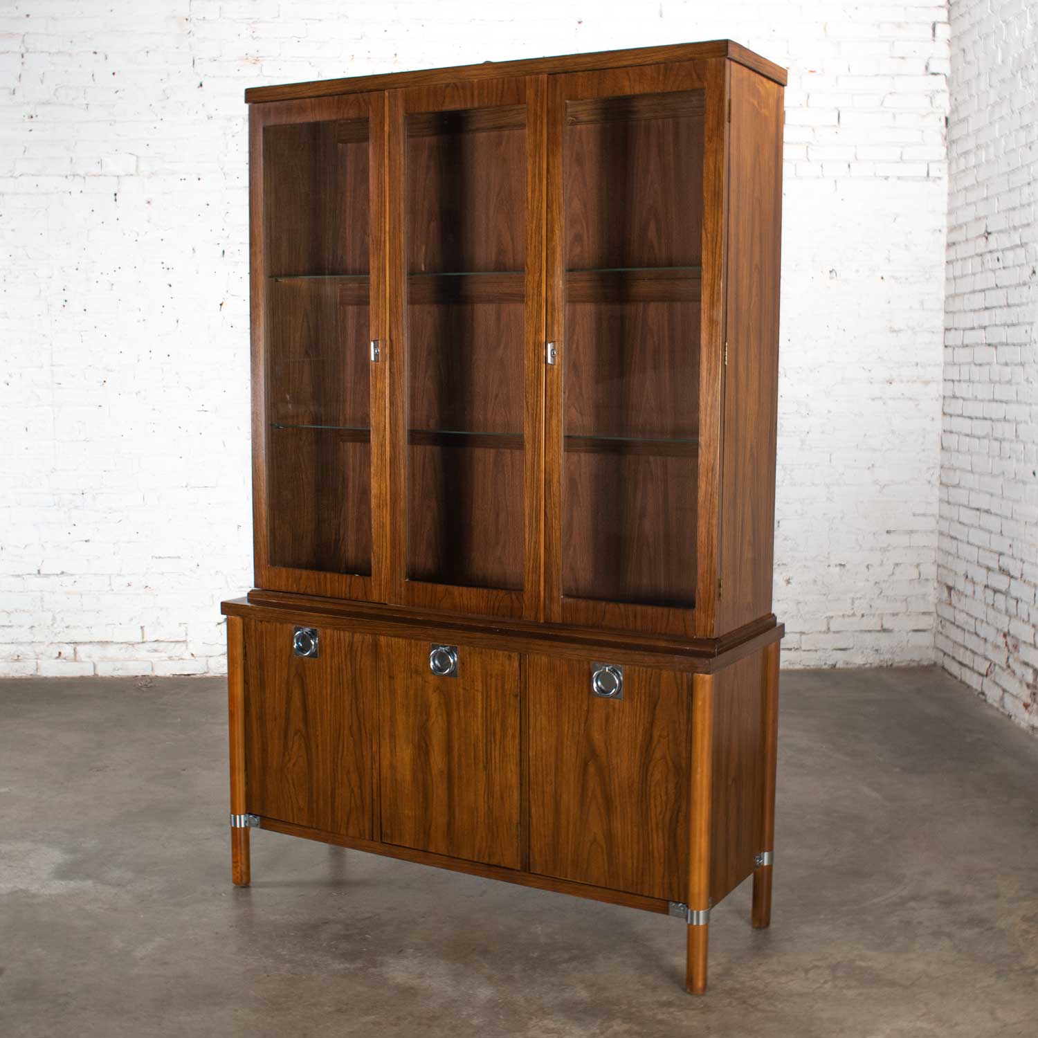 Mid-Century Modern Walnut Veneer Lighted China Cabinet with Chrome Accents