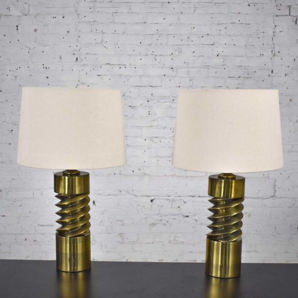 Vintage Mid Century Modern Brass Plated Corkscrew Table Lamps with New Shades a Pair