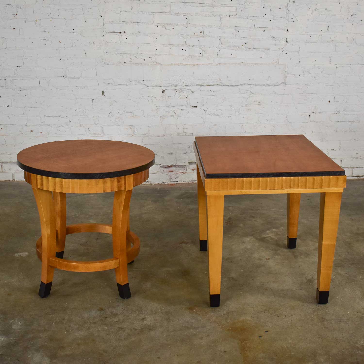 Pair Lane Art Deco Revival End Tables Mid-Toned Wood with Black Accents 1 Rectangle 1 Round