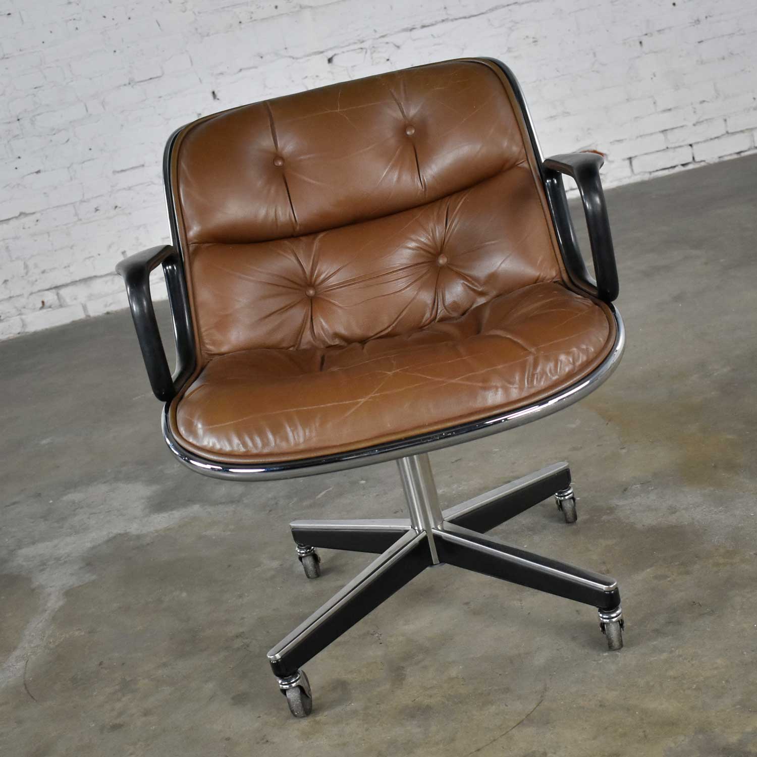 Executive Armchair by Charles Pollock for Knoll Brown Leather with 4 Prong Base