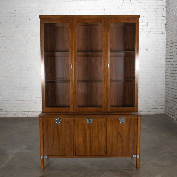 Mid-Century Modern Walnut Veneer Lighted China Cabinet with Chrome Accents