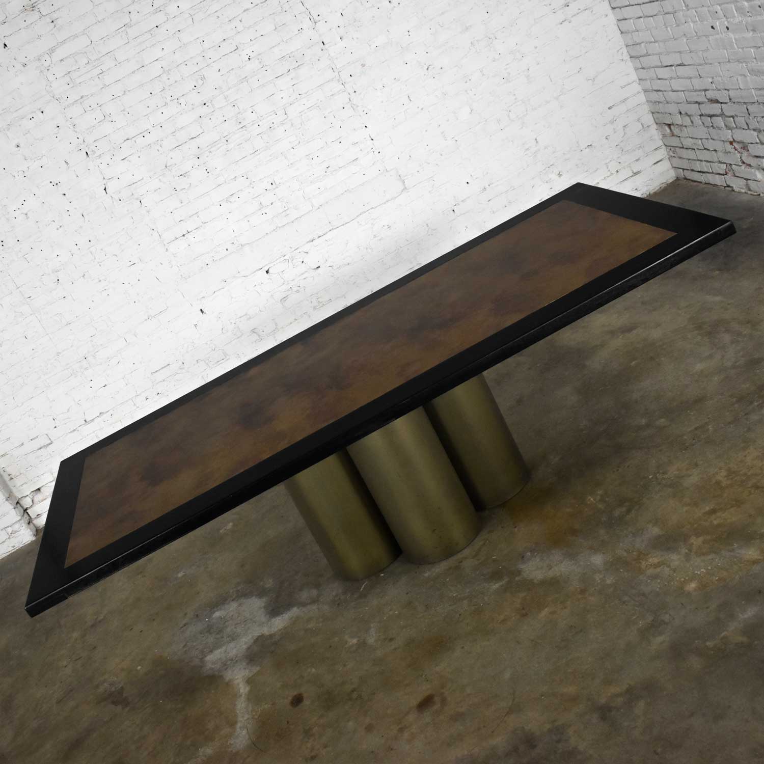 Modern Dining Table Metal Cylinder Pedestal Base & Black Oak Framed Top with Brass Insert
