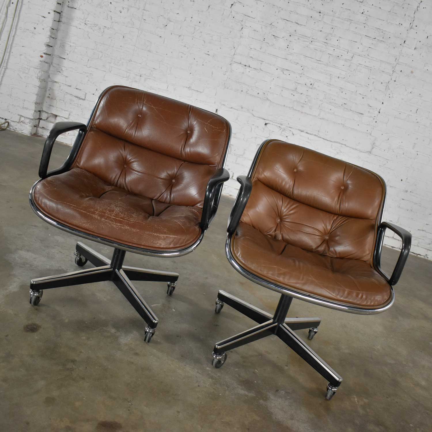 Executive Armchairs by Charles Pollock for Knoll Brown Leather 4 Prong Bases a Pair