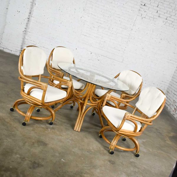 Pacific Rattan Game or Dining Table Round Glass Top & 4 Rolling Swivel Chairs New Canvas Upholstery