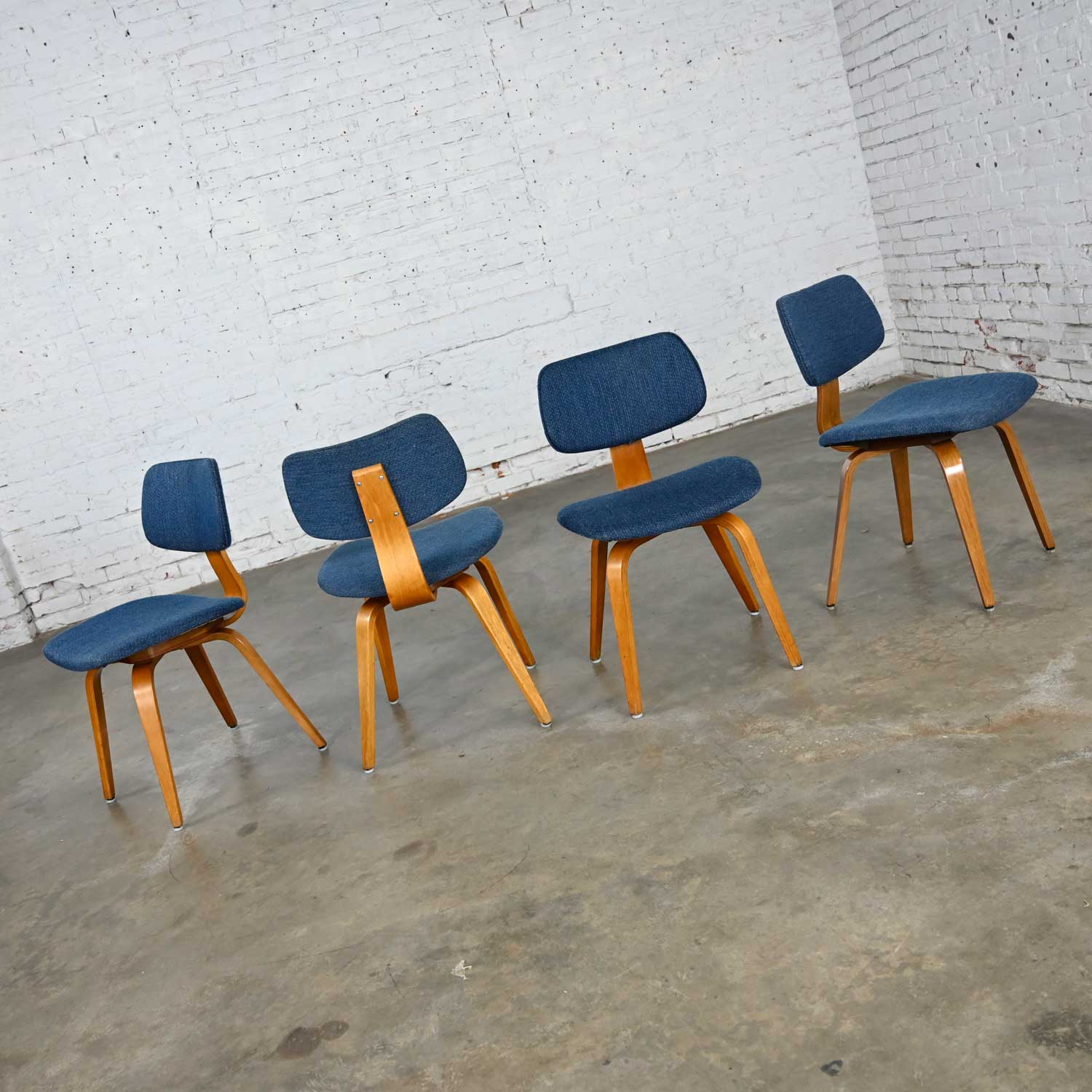 Mid-Century Modern Dining Chairs Blue Fabric and Bent Plywood by Thonet set of 4