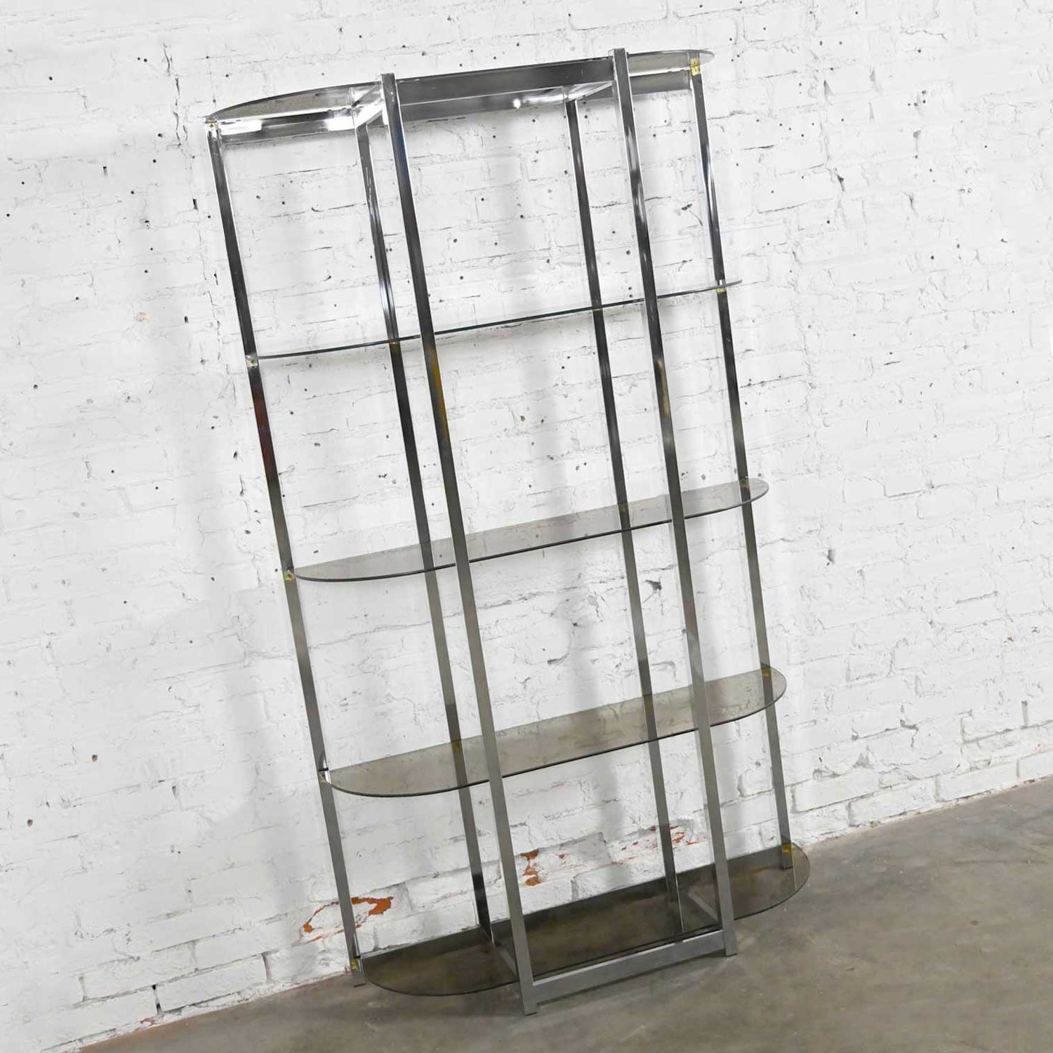 Mid-Century Modern Bow Shape Chrome Etagere 5 Smoked Glass Shelves