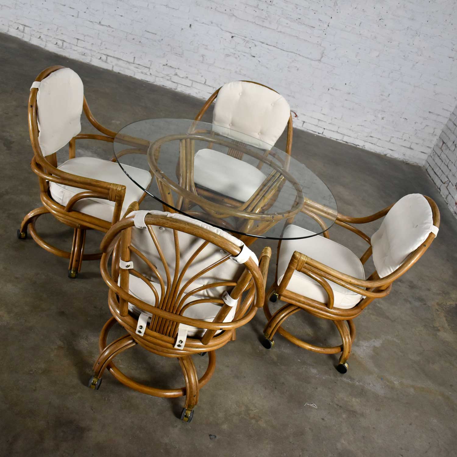 Pacific Rattan Game or Dining Table Round Glass Top & 4 Rolling Swivel Chairs New Canvas Upholstery