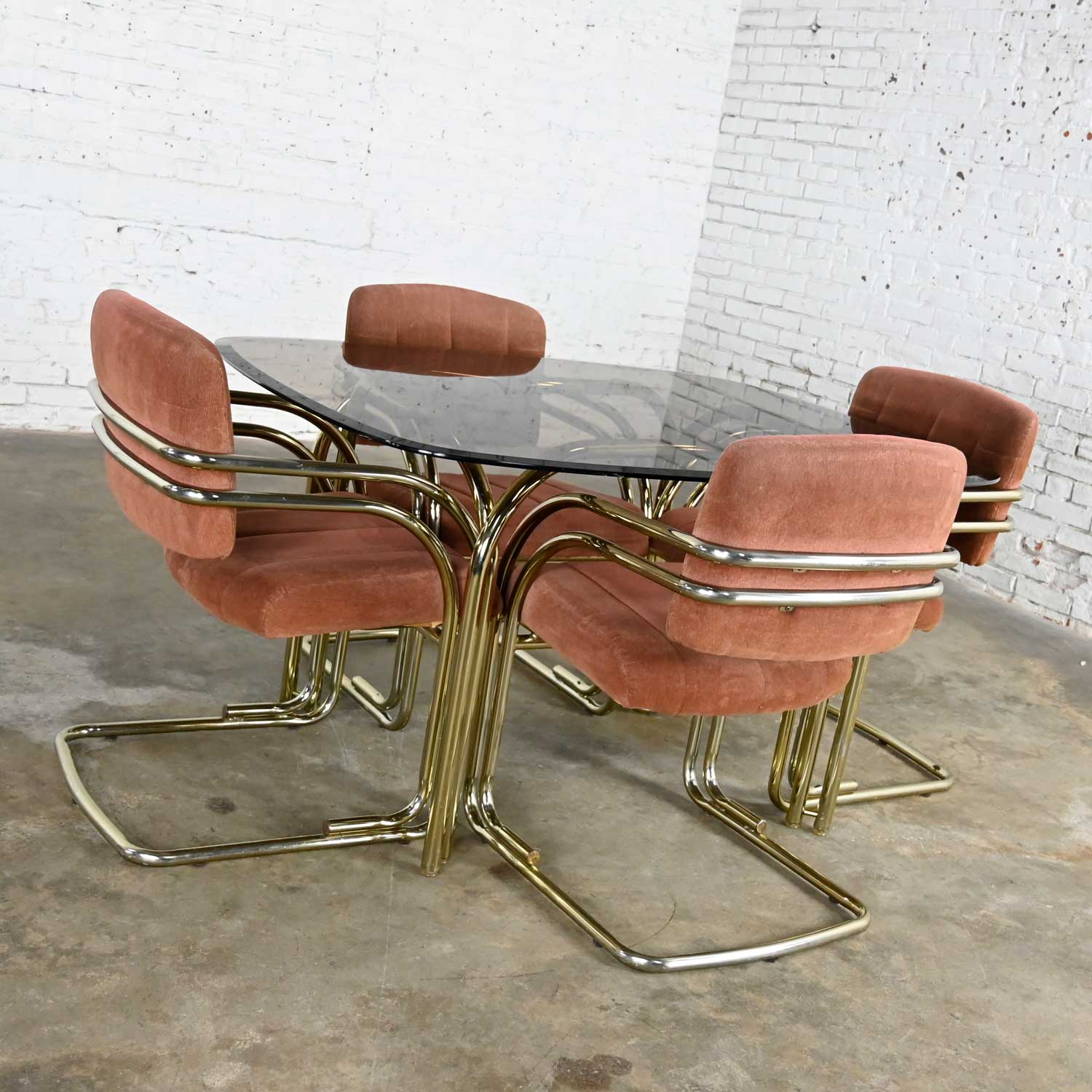 Modern Double Tube Brass Plate Cantilever Chairs & Smoked Glass Top Table by Douglas Furniture