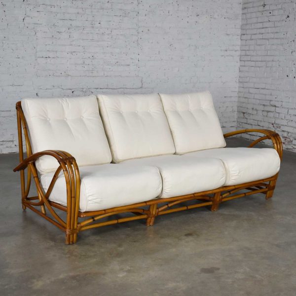 Vintage Heywood Wakefield Rattan Sofa New Off-White Canvas Upholstery