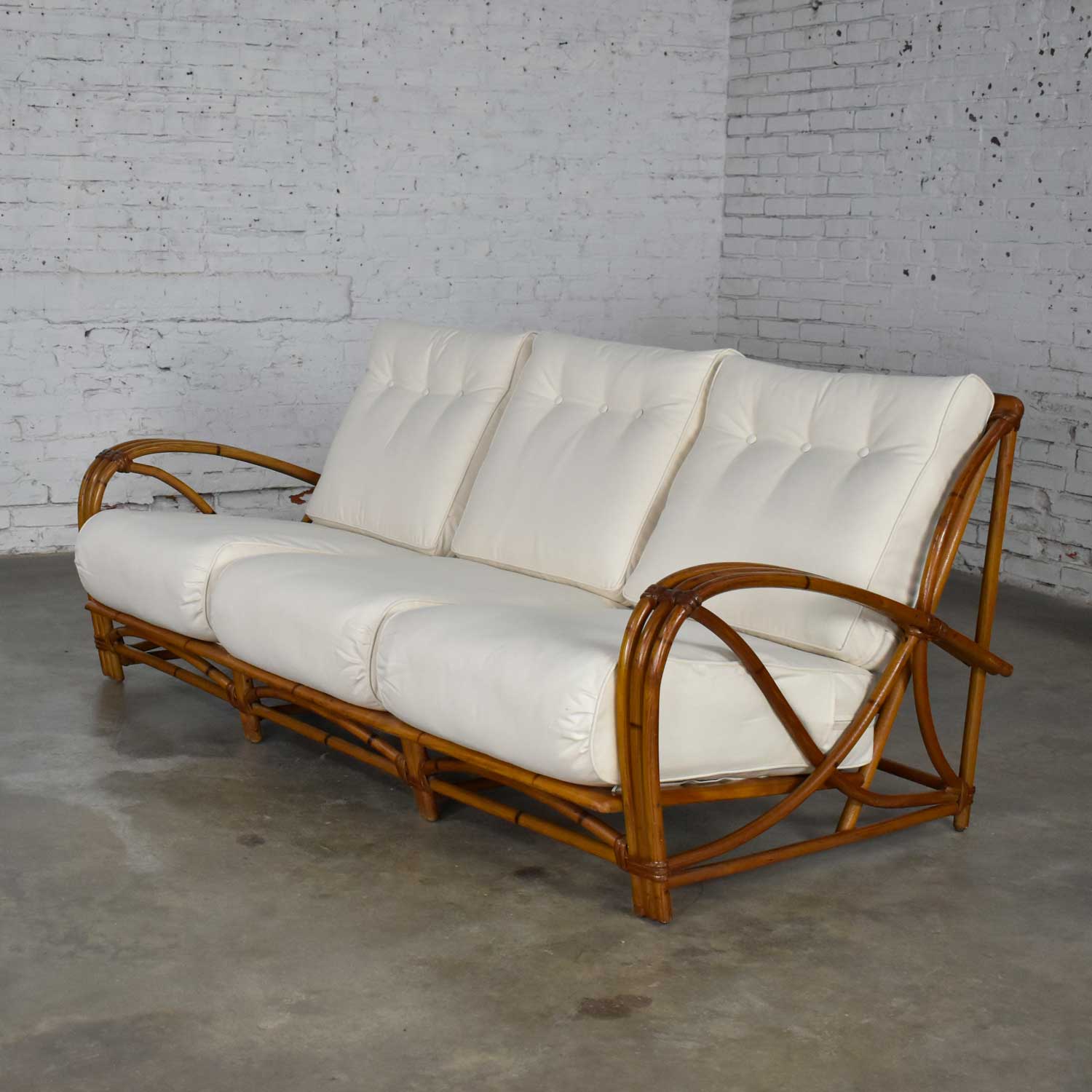 Vintage Heywood Wakefield Rattan Sofa New Off-White Canvas Upholstery