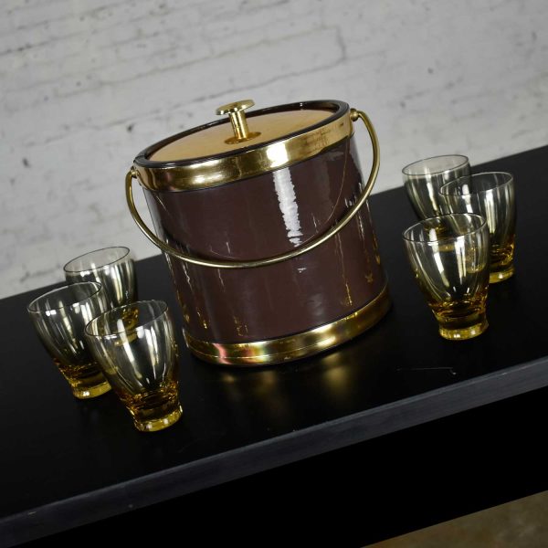 Vintage Brown Vinyl & Gold Kraftware Ice Bucket and 6 Drinking Glasses Style of Russel Wright, a Set