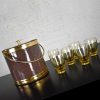 Vintage Brown Vinyl & Gold Kraftware Ice Bucket and 6 Drinking Glasses Style of Russel Wright, a Set