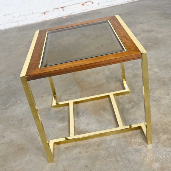 Modern Brass Plated Dark Wood & Smoked Glass Rectangle End Table by Thomasville Furniture Ind., Style of Milo Baughman