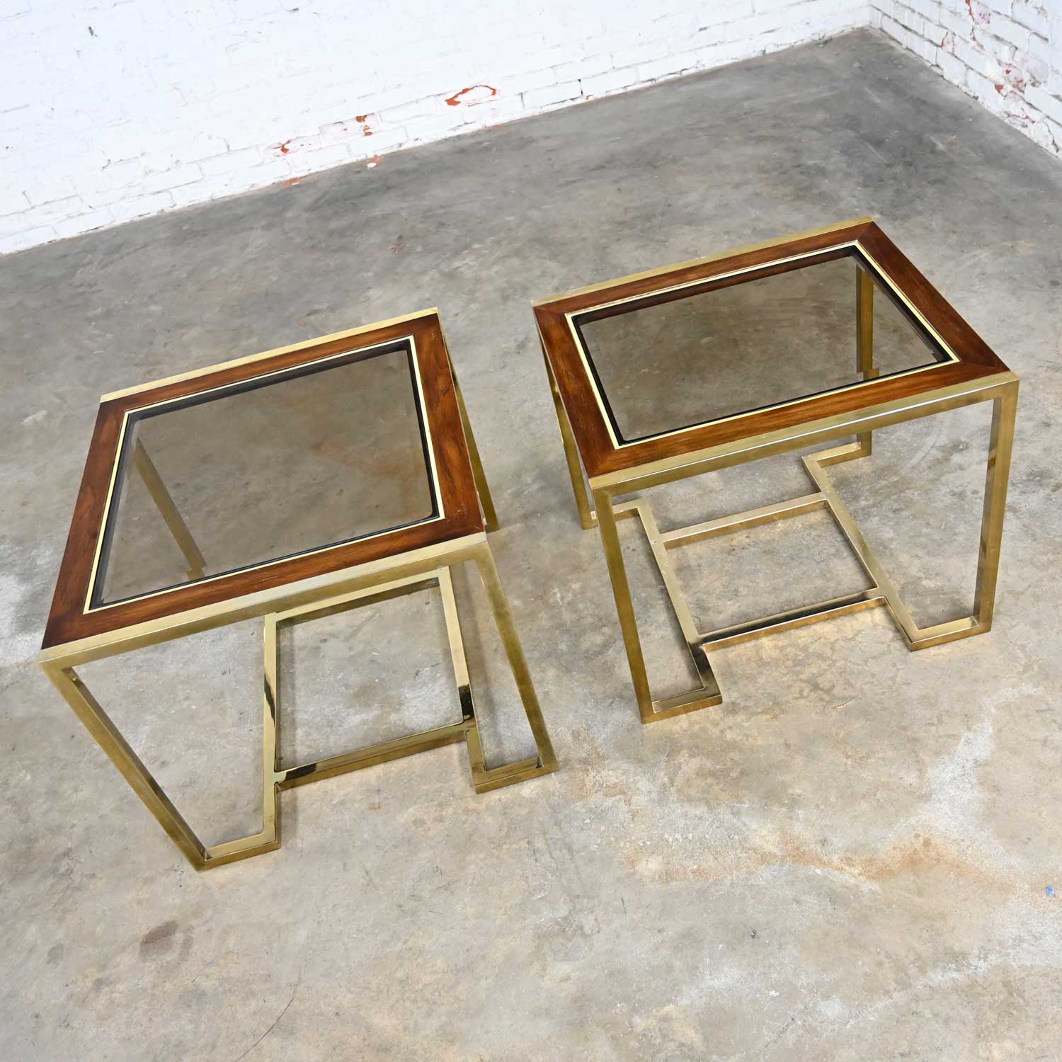 Pair of Modern Brass Plated Dark Wood & Smoked Glass Rectangle End Tables 2 Sizes by Thomasville Furniture Ind., Style of Milo Baughman