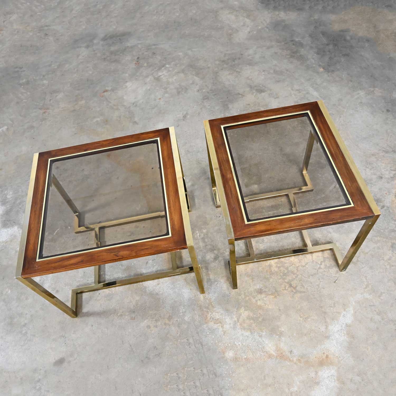 Pair of Modern Brass Plated Dark Wood & Smoked Glass Rectangle End Tables 2 Sizes by Thomasville Furniture Ind., Style of Milo Baughman