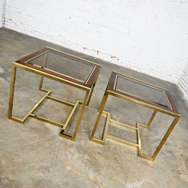 Pair of Modern Brass Plated Dark Wood & Smoked Glass Rectangle End Tables 2 Sizes by Thomasville Furniture Ind., Style of Milo Baughman