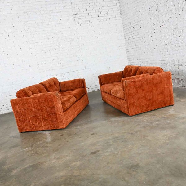 Vintage Modern Tuxedo Style Love Seats in Geometric Rust Fabric by Pem-Kay Furniture Co. a Pair