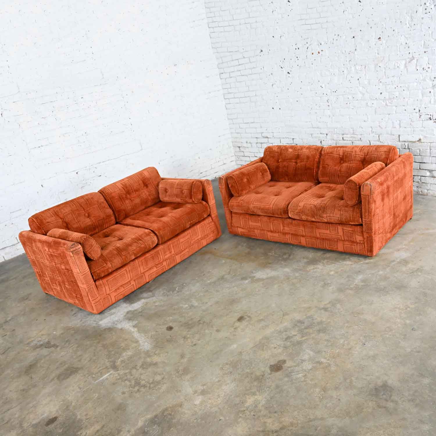 Vintage Modern Tuxedo Style Love Seats in Geometric Rust Fabric by Pem-Kay Furniture Co. a Pair