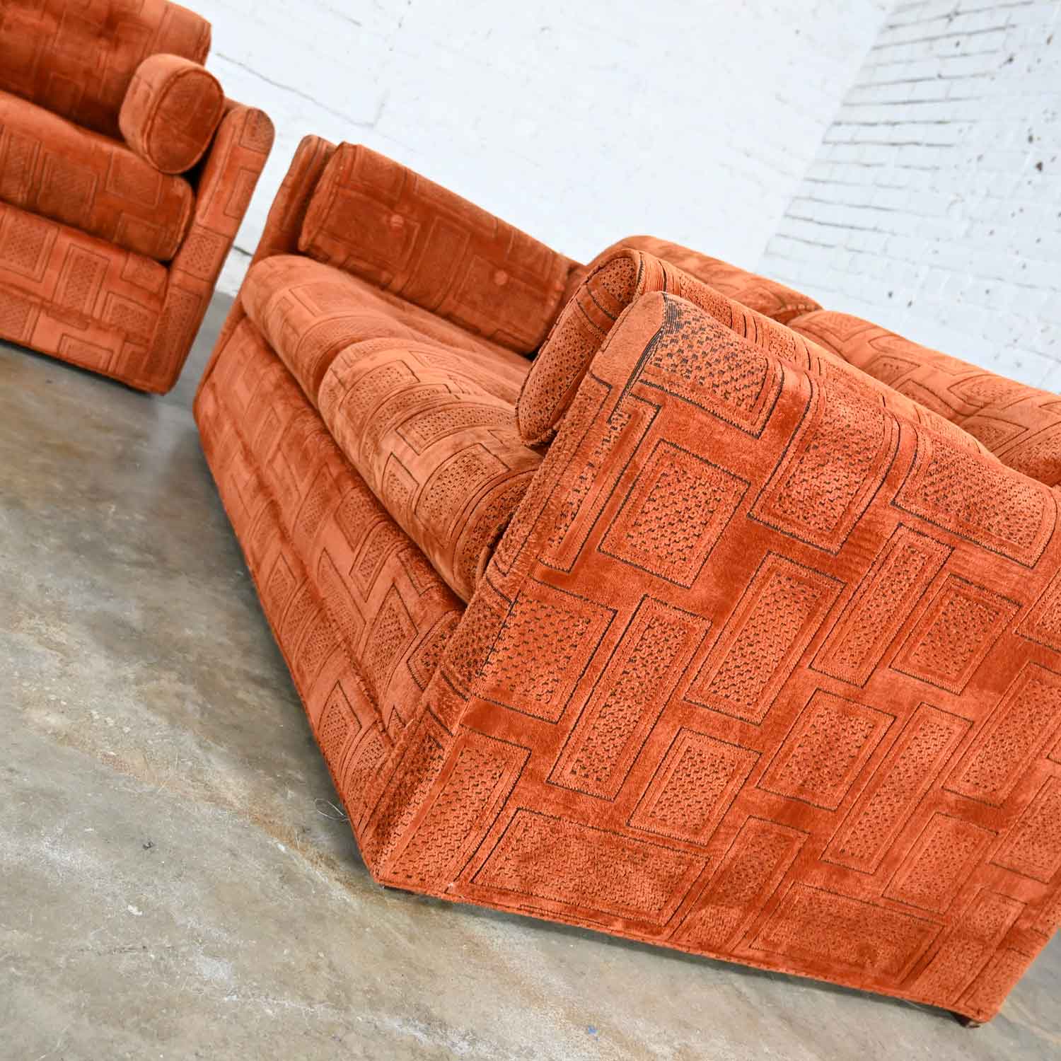 Vintage Modern Tuxedo Style Love Seats in Geometric Rust Fabric by Pem-Kay Furniture Co. a Pair