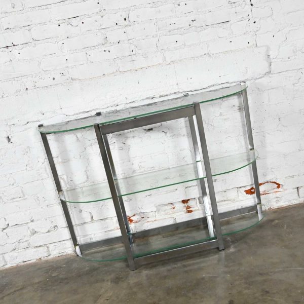 Mid-Century Modern Bow Shape Chrome Sofa Console Table 3 Glass Shelves Style of James David or DIA