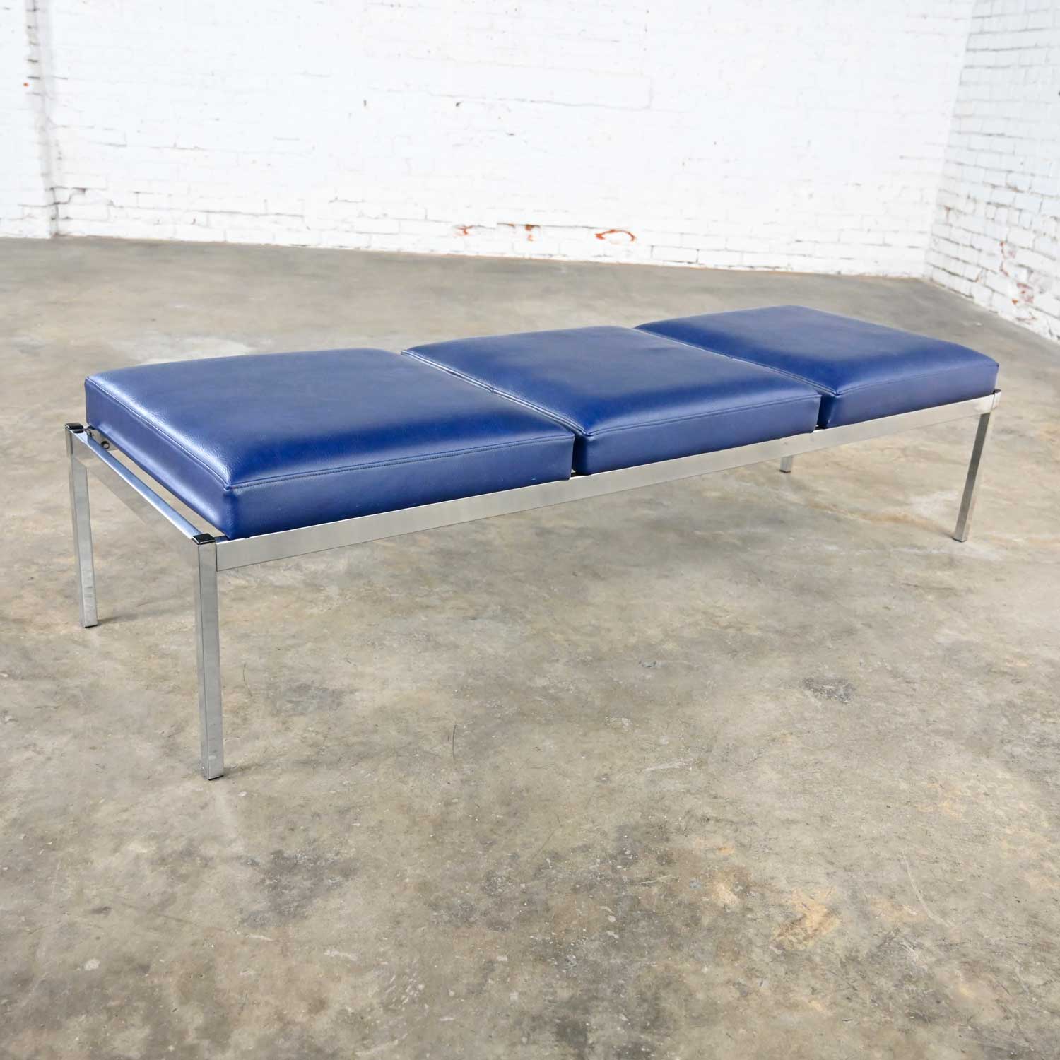 MCM Royal Blue Vinyl & Chrome Three Cushion Bench by Globe Business Furniture Style of Steelcase