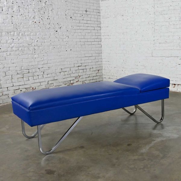 Mid-Century Streamline Modern Industrial Royal Blue & Vinyl Chrome Adjustable Chaise Daybed