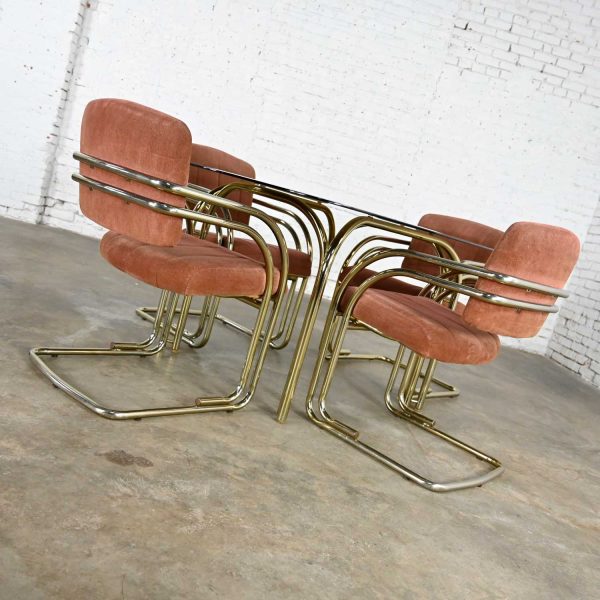 Modern Double Tube Brass Plate Cantilever Chairs & Smoked Glass Top Table by Douglas Furniture