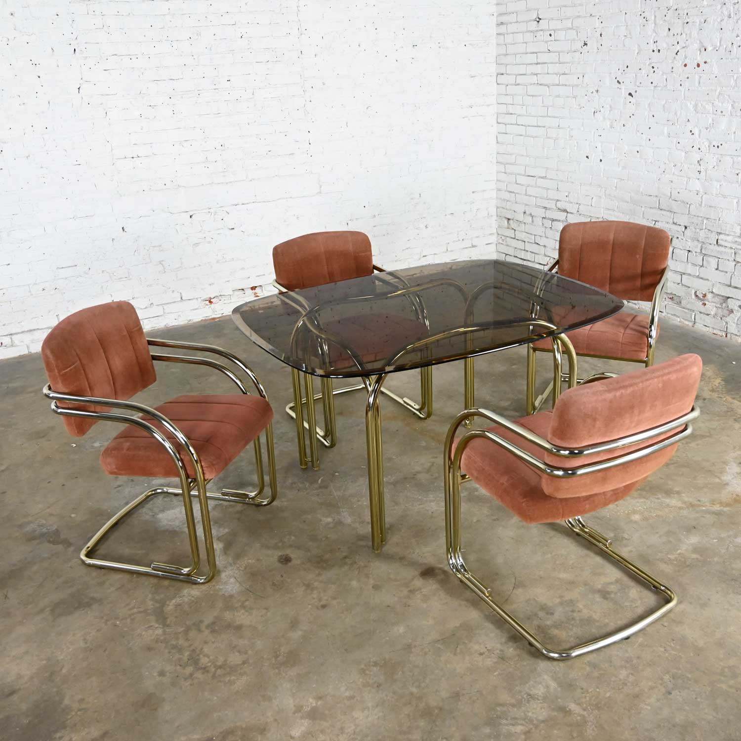 Modern Double Tube Brass Plate Cantilever Chairs & Smoked Glass Top Table by Douglas Furniture