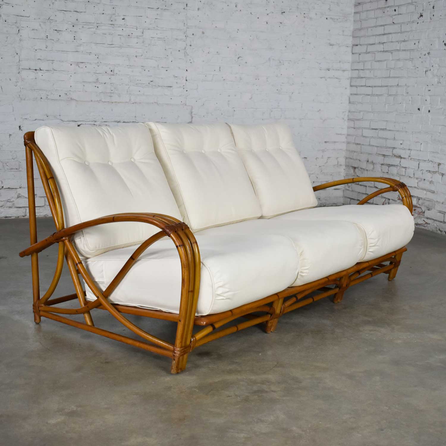 Vintage Heywood Wakefield Rattan Sofa New Off-White Canvas Upholstery