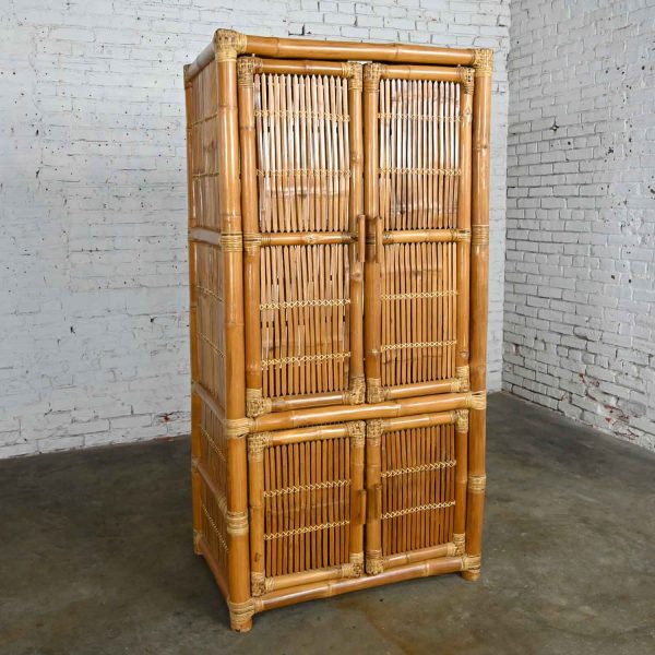 Vintage Rattan & Bamboo Organic Modern Upright Armoire Wardrobe Cabinet