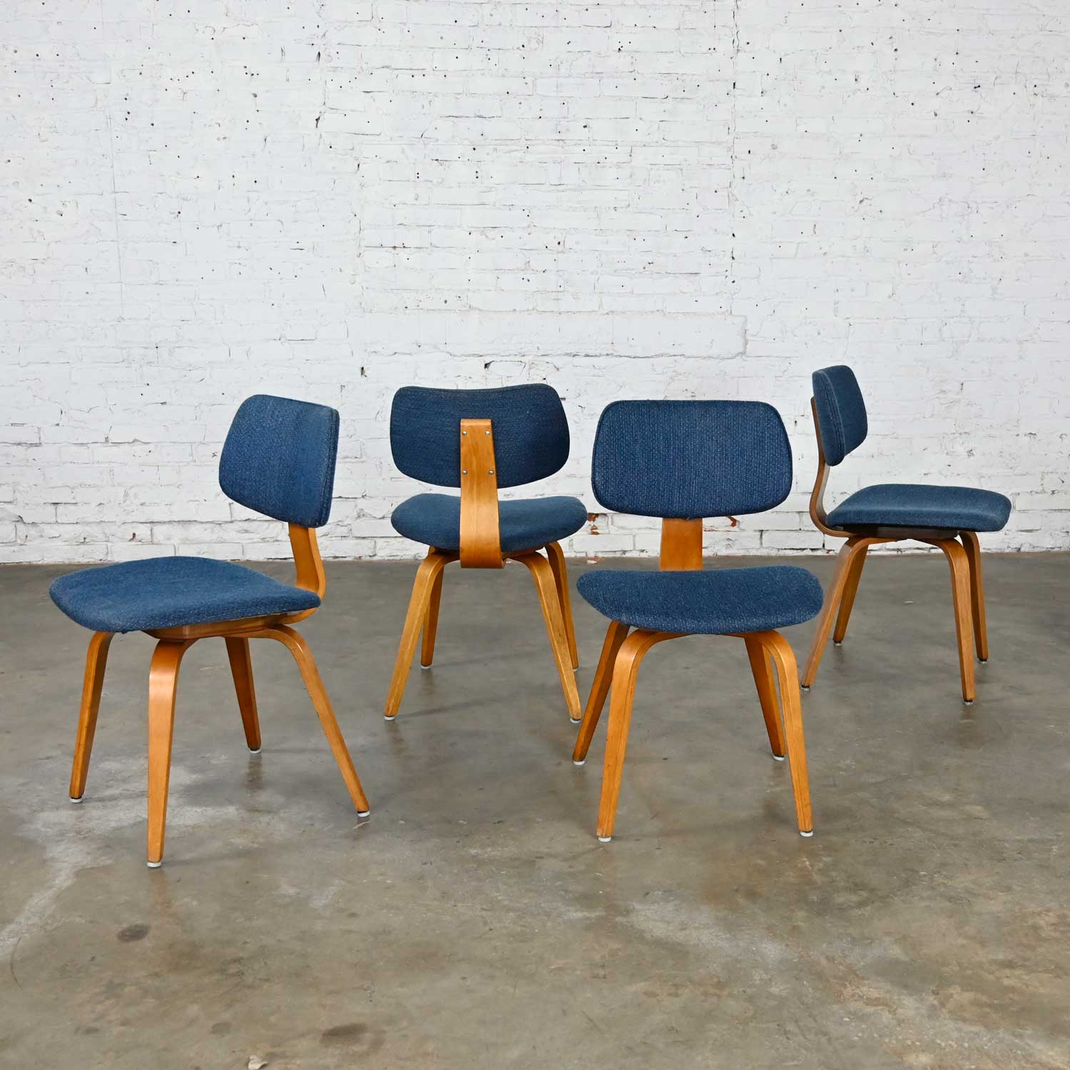 Mid-Century Modern Dining Chairs Blue Fabric and Bent Plywood by Thonet set of 4
