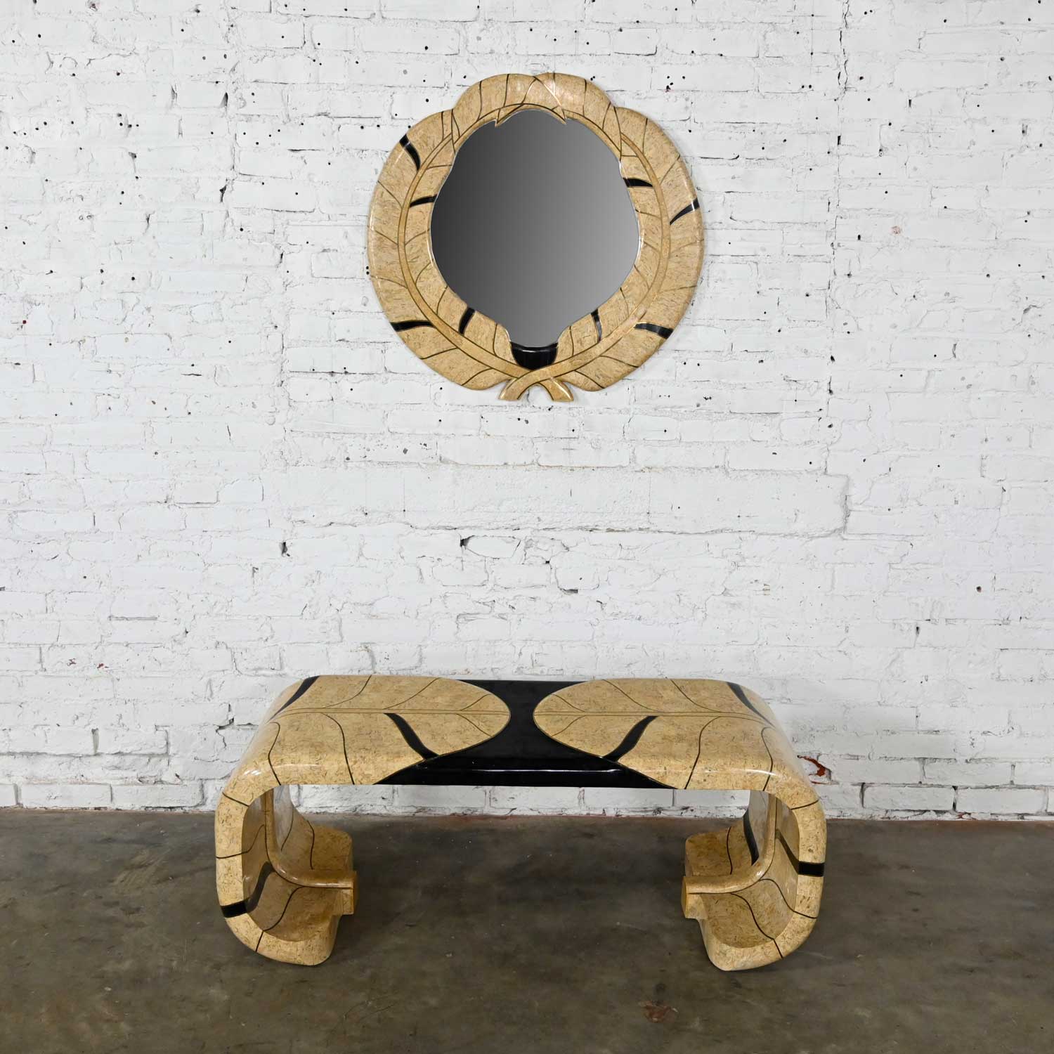 Art Deco Revival Tessellated Marble Low Console Table & Mirror Style of Maitland Smith