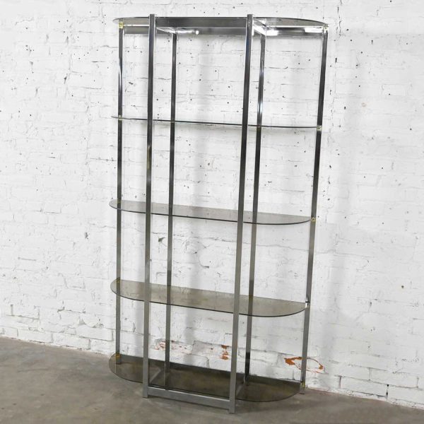 Mid-Century Modern Bow Shape Chrome Etagere 5 Smoked Glass Shelves Style of James David or DIA