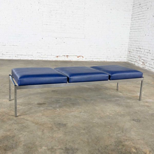 MCM Royal Blue Vinyl & Chrome Three Cushion Bench by Globe Business Furniture Style of Steelcase