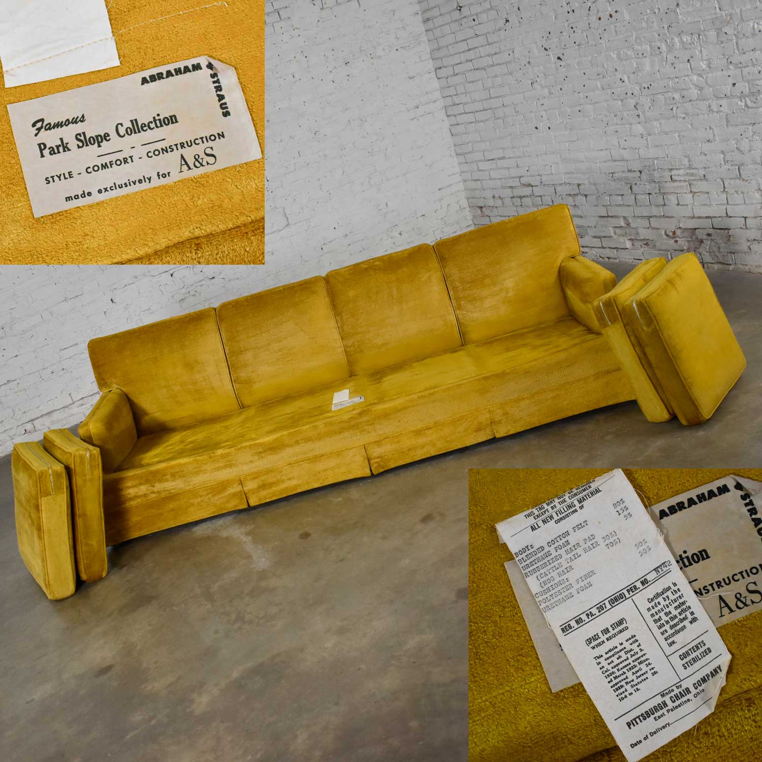 MCM Lawson Style 4 Cushion Gold Velvet Sofa Park Slope Collection Abraham & Straus
