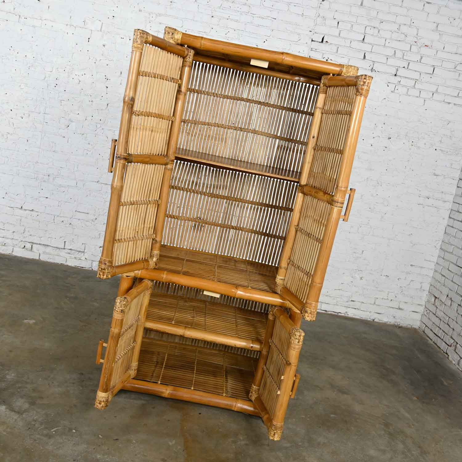 Vintage Rattan & Bamboo Organic Modern Upright Armoire Wardrobe Cabinet