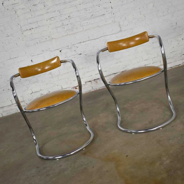 Streamlined Reversed Cantilever Chairs Chrome and Gold Faux Leather Vinyl a Pair by Sutton Bridge