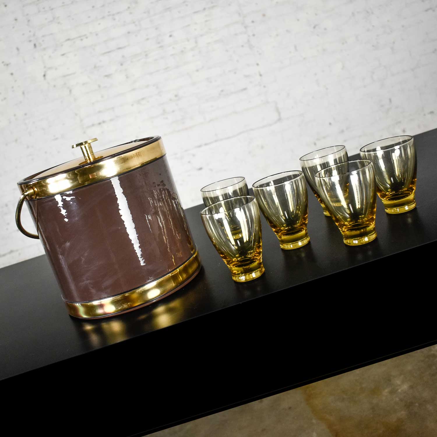 Vintage Brown Vinyl & Gold Kraftware Ice Bucket and 6 Drinking Glasses Style of Russel Wright, a Set