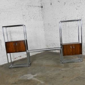 MCM Chrome & Walnut Veneer Entertainment Display Cabinet or Room Divider 3 Piece Unit by Lane Furniture
