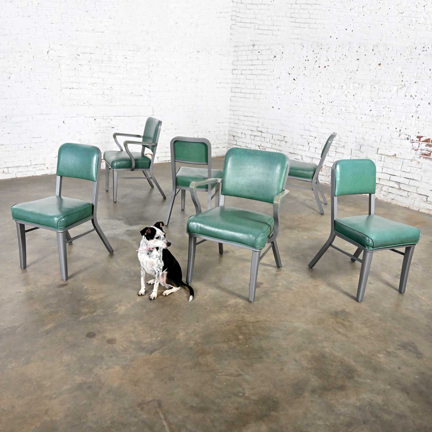 Streamline Industrial Modern Metal & Green Vinyl Faux Leather Dining Chairs Style 145 by Steelcase set of 6