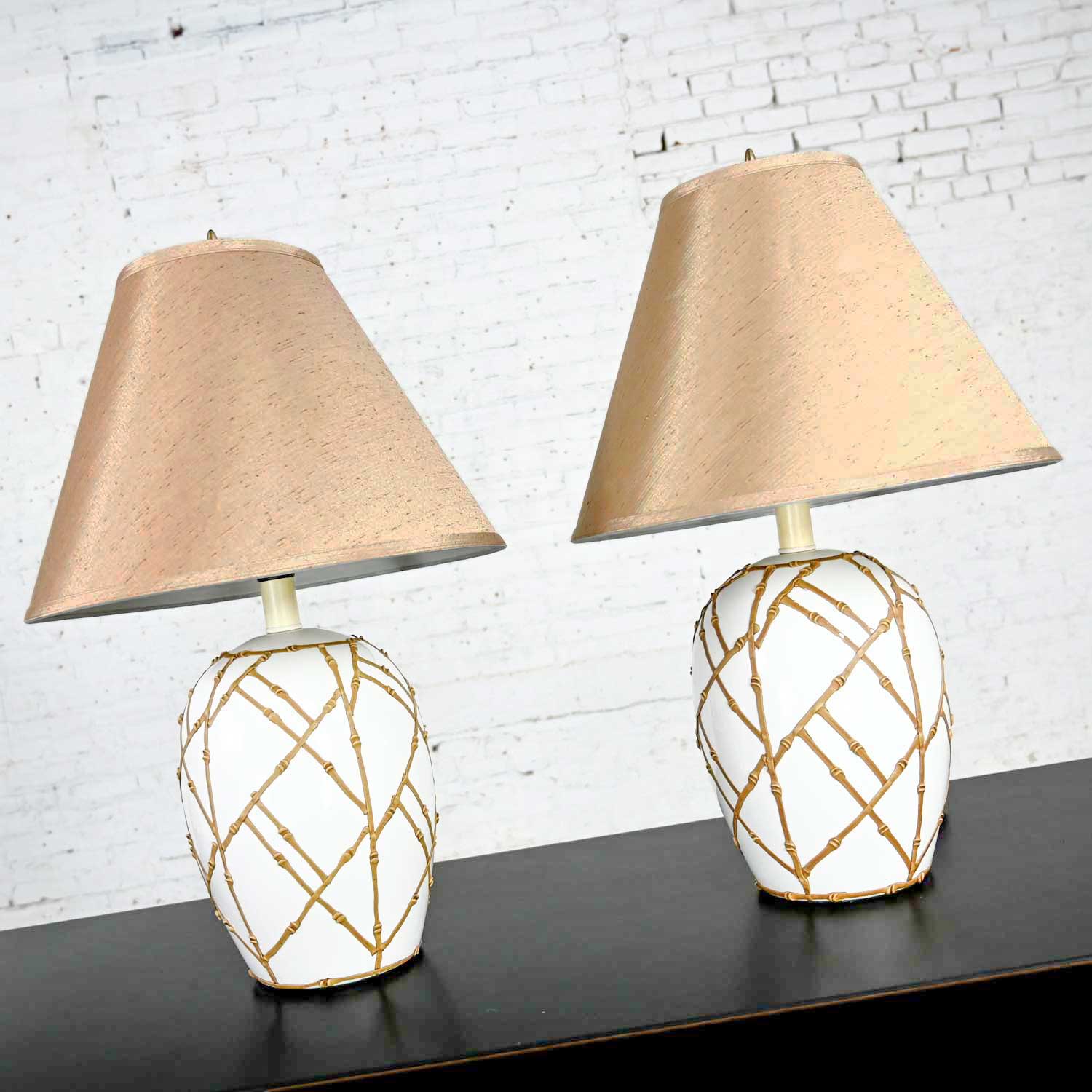 Mid-Century Pair White Chinoiserie Ginger Jar Lamps Gold Frosting Style Applied Bamboo Design