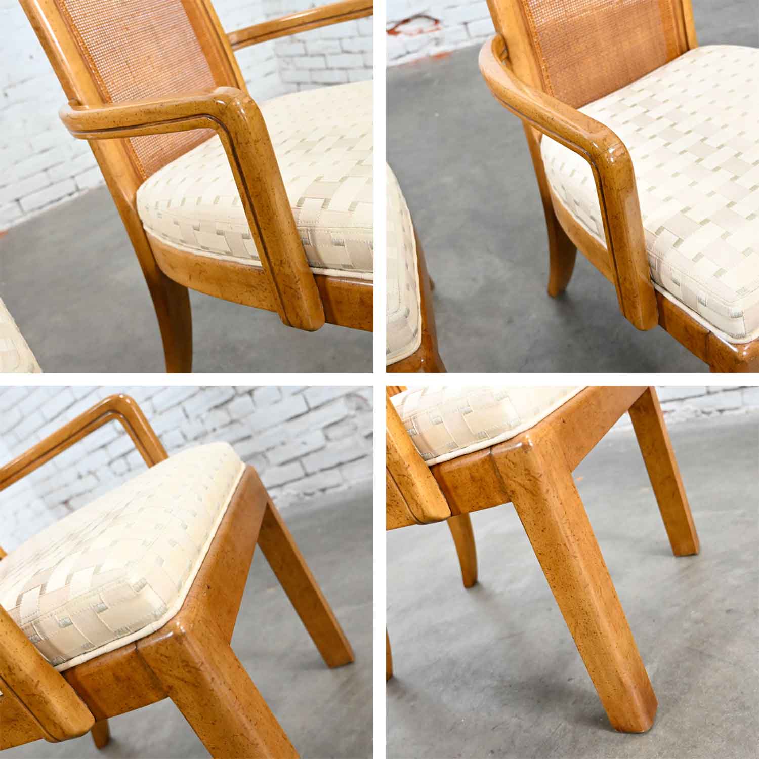 American of Martinsville Campaign Light Wood & Cane Dining Chairs 2 Arm & 2 Side, Set of 4