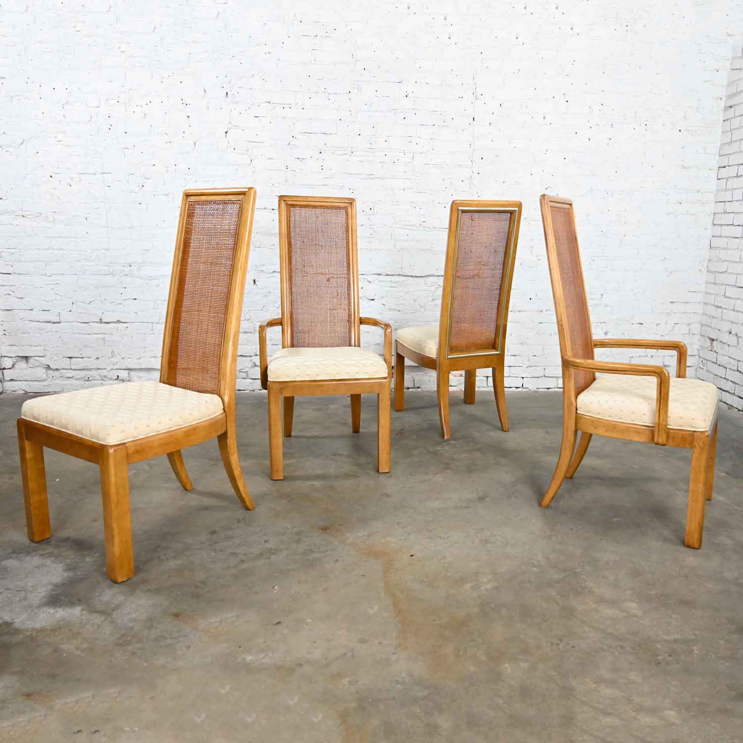 American of Martinsville Campaign Light Wood & Cane Dining Chairs 2 Arm & 2 Side, Set of 4