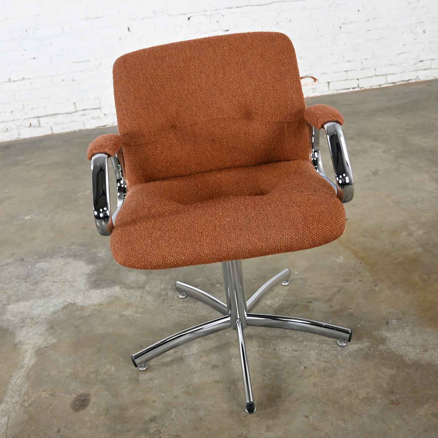 Steelcase Chrome & Original Brown Hopsack Upholstery Swivel Chair Model #454 Style Charles Pollock