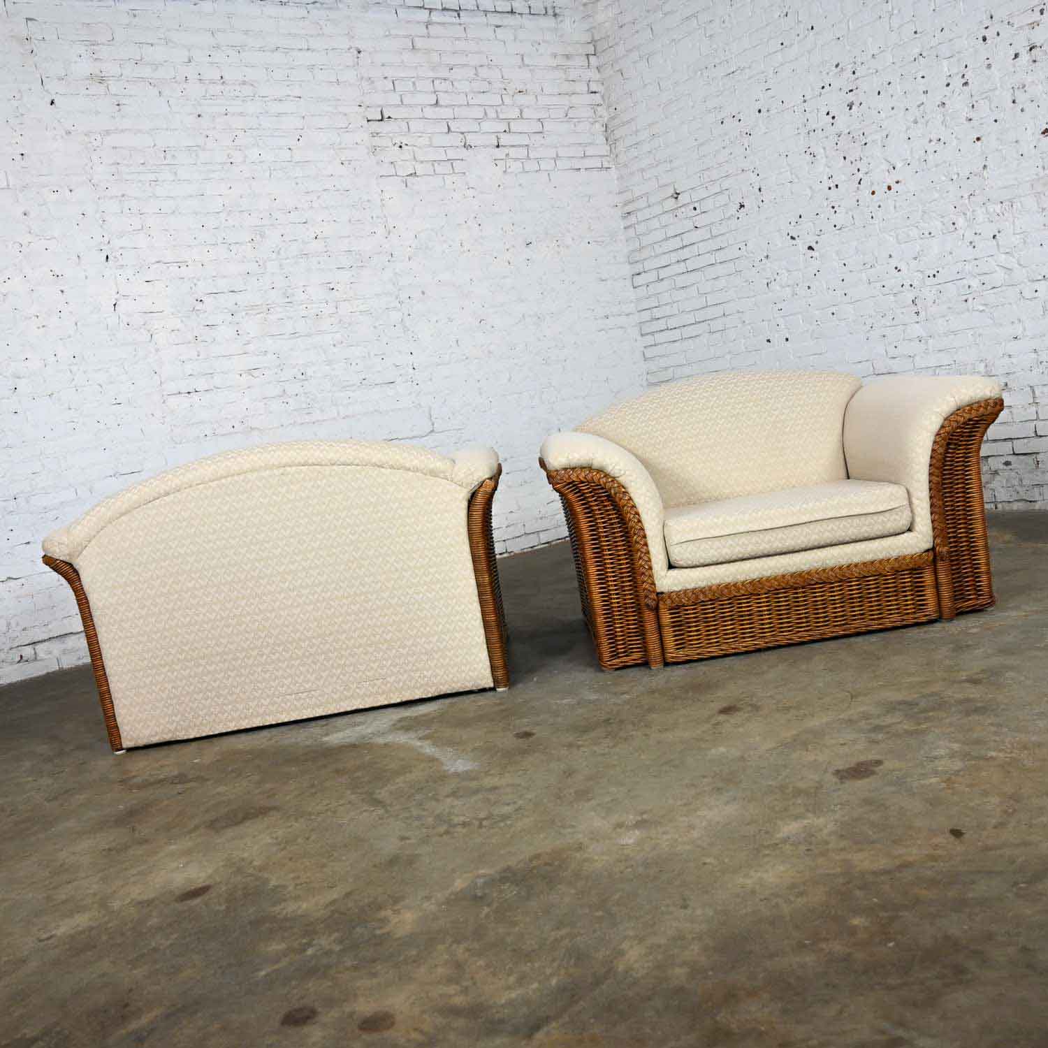 Rattan Wicker Pair of Oversized Lounge Chairs Manner of Michael Taylor