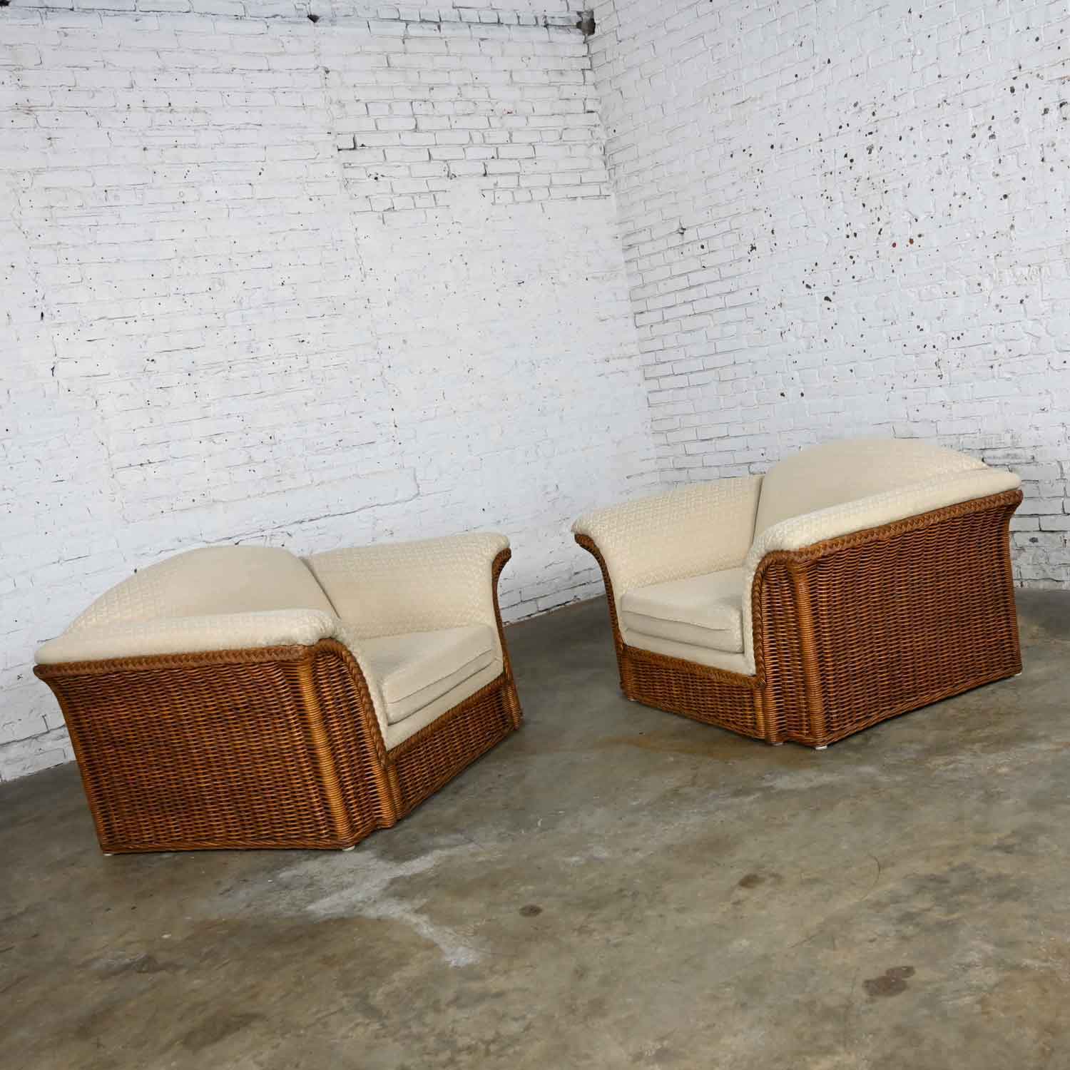Rattan Wicker Pair of Oversized Lounge Chairs Manner of Michael Taylor